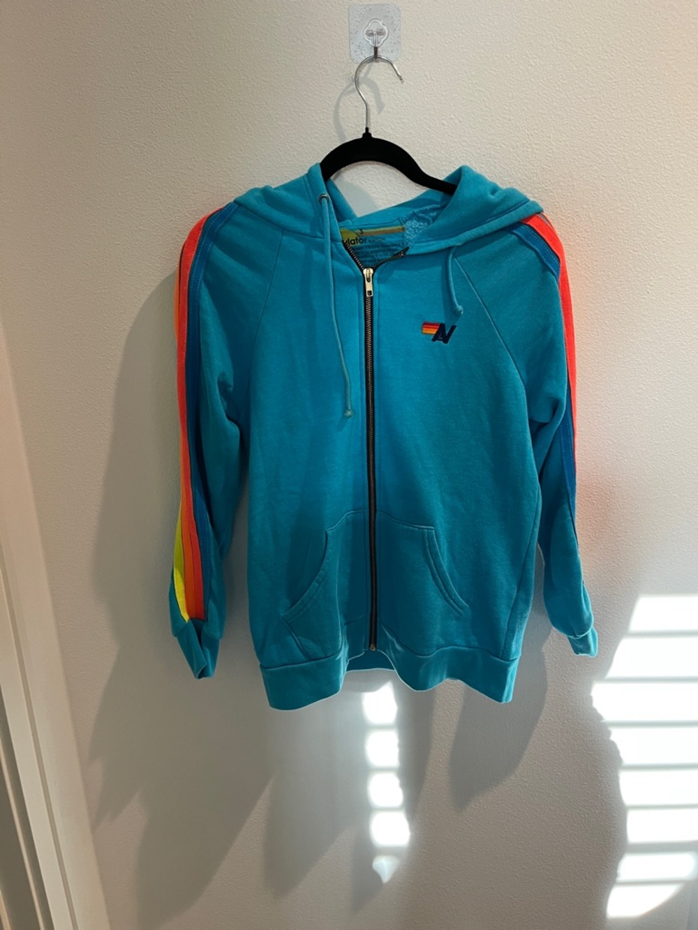 Aviator Nation women’s Teal Zip Hoodie with Rainbow Sleeve Stripes Small